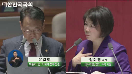 정미경 새누리당 의원이 19일 열린 국회 경제분야 대정부질문에서 대정부질문을 하고 있다. 정 의원은 이날 대정부질문에서 유일호 경제부총리 겸 기획재정부 장관에게 광교~호매실 복선전철사업의 민자적격성 재조사 결과 발표시기를 앞당겨줄 것을 요청했다. (제공=정미경 의원실)